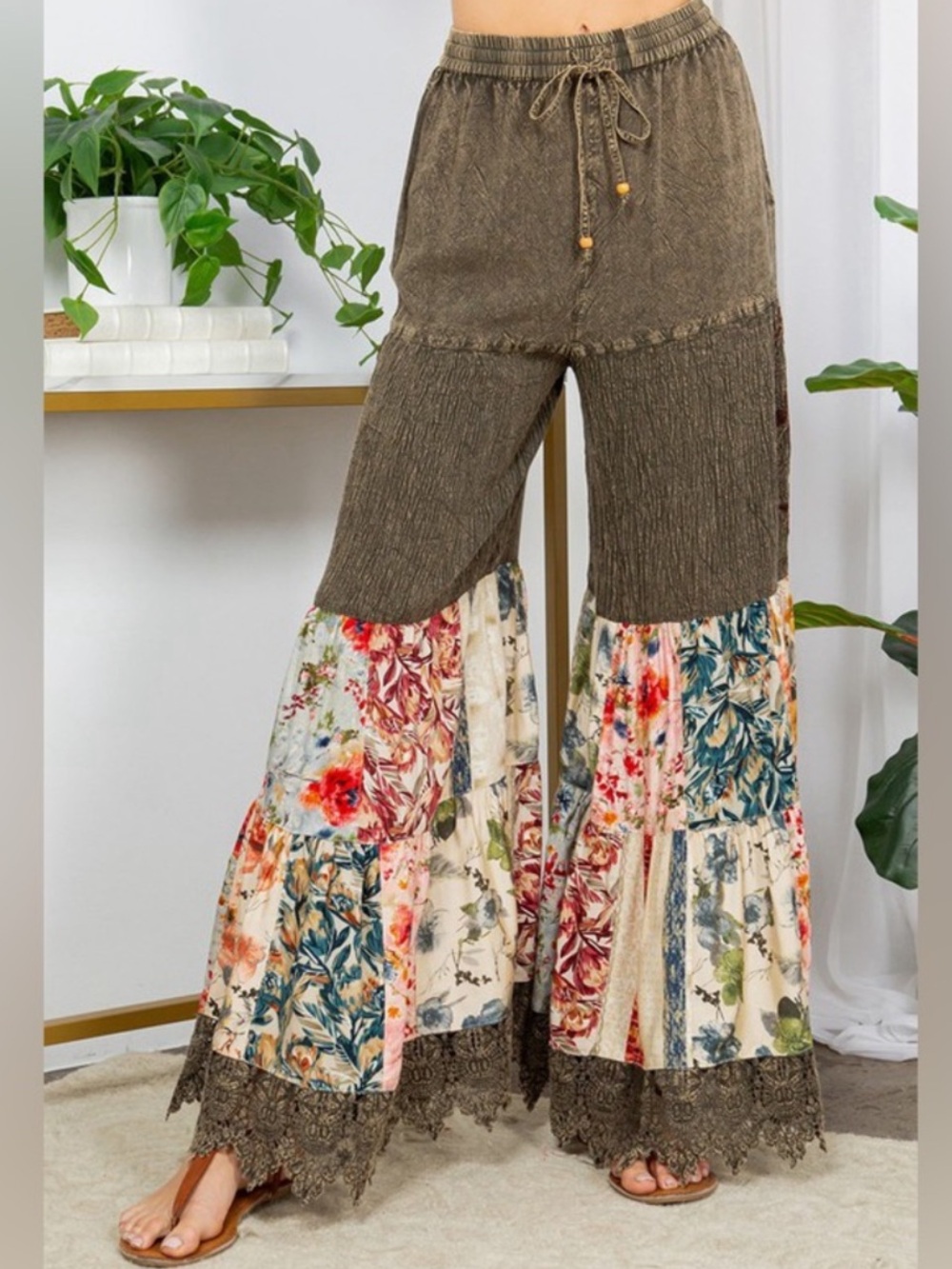 YOUNG THREADS Women’s (Gravel) Patchwork Embroidered Mineral Wash Wide Leg Pants - Picture 2 of 8